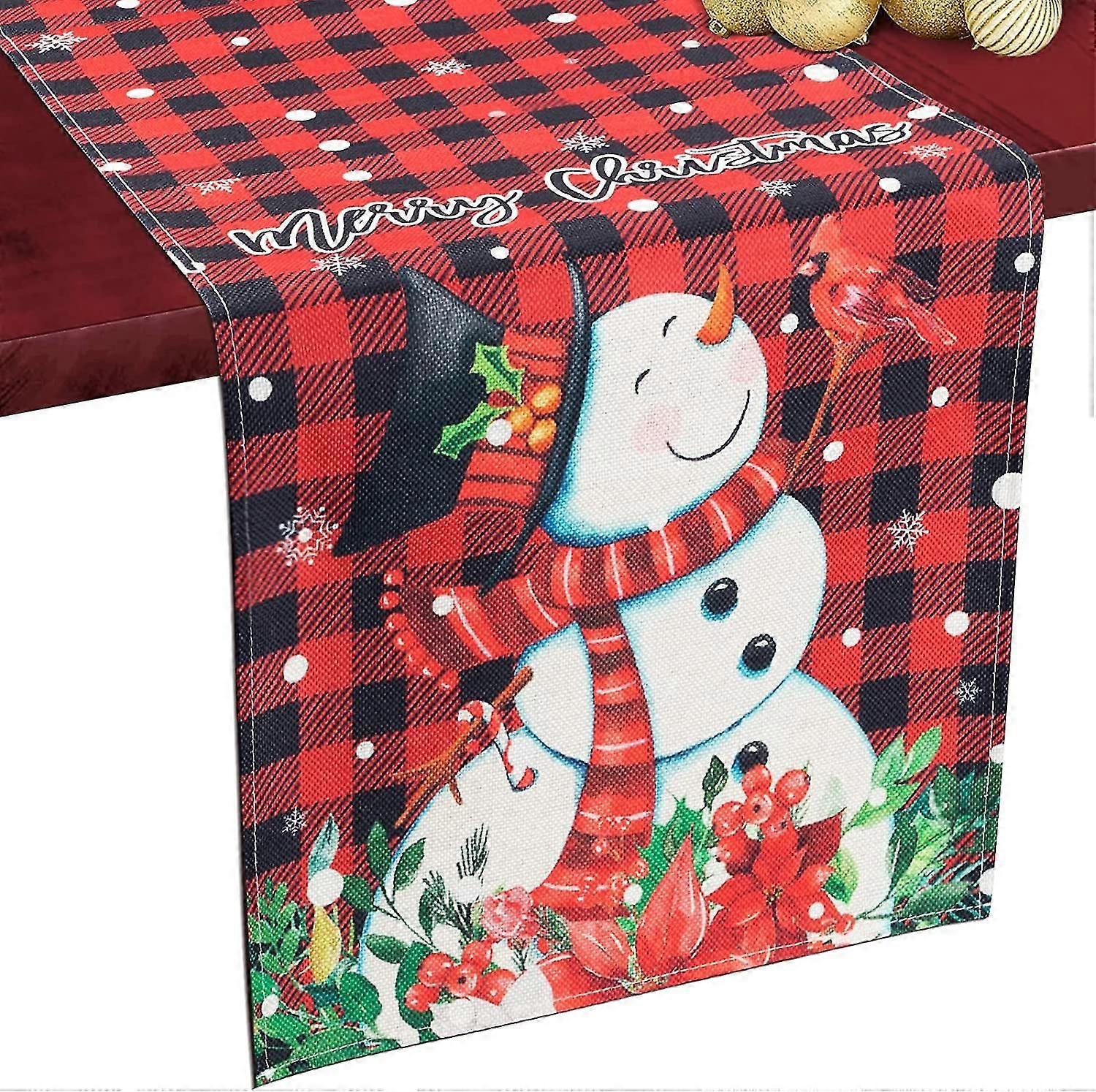 Linen Burlap Table Runner, Snowman And Bird Decor 12x72in