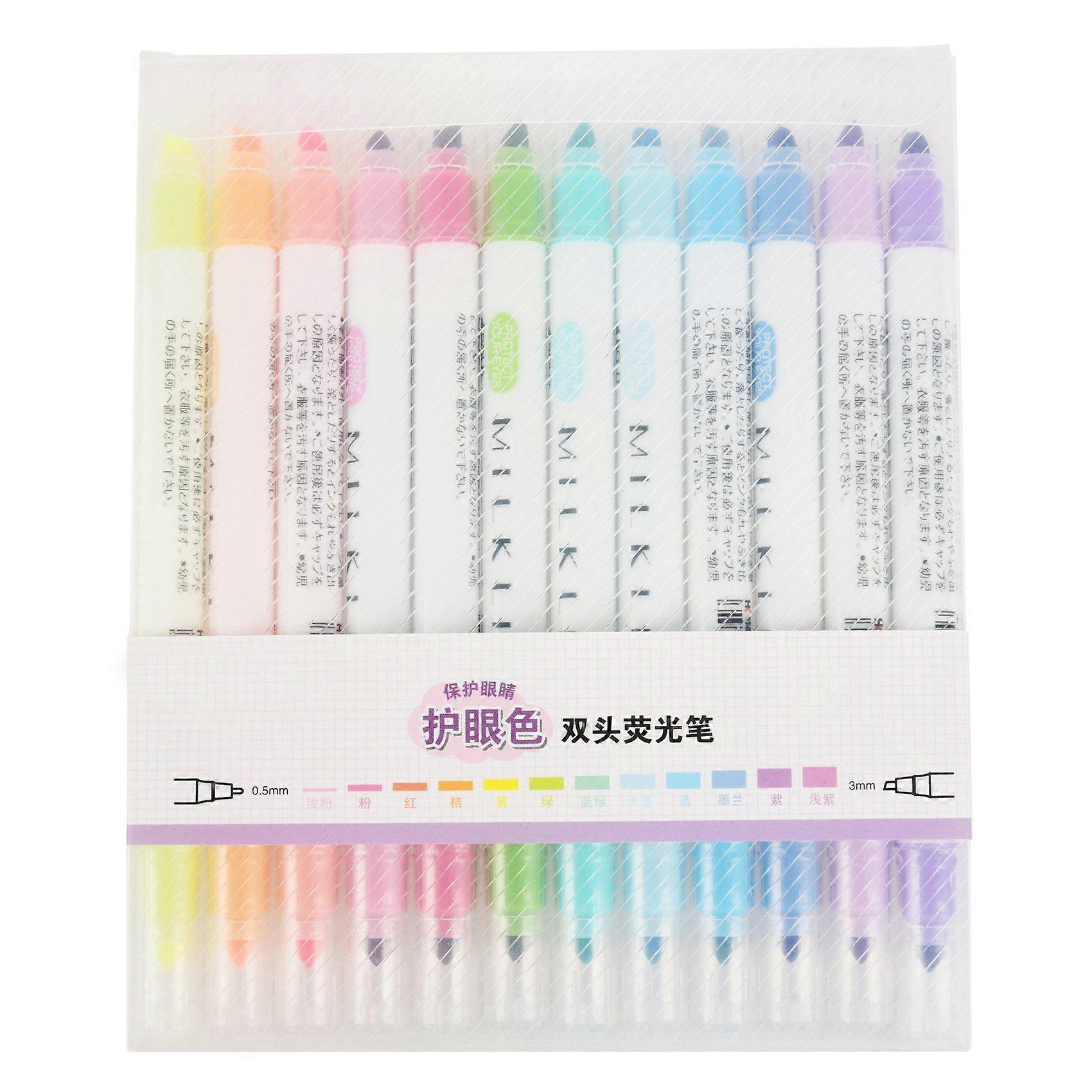 12 Pcs/Set Japanese Stationery Mild Liner Double Headed Fluorescent Pen Fluorescent Marker Pen Highlighter Pen Color Mark Pen Cute