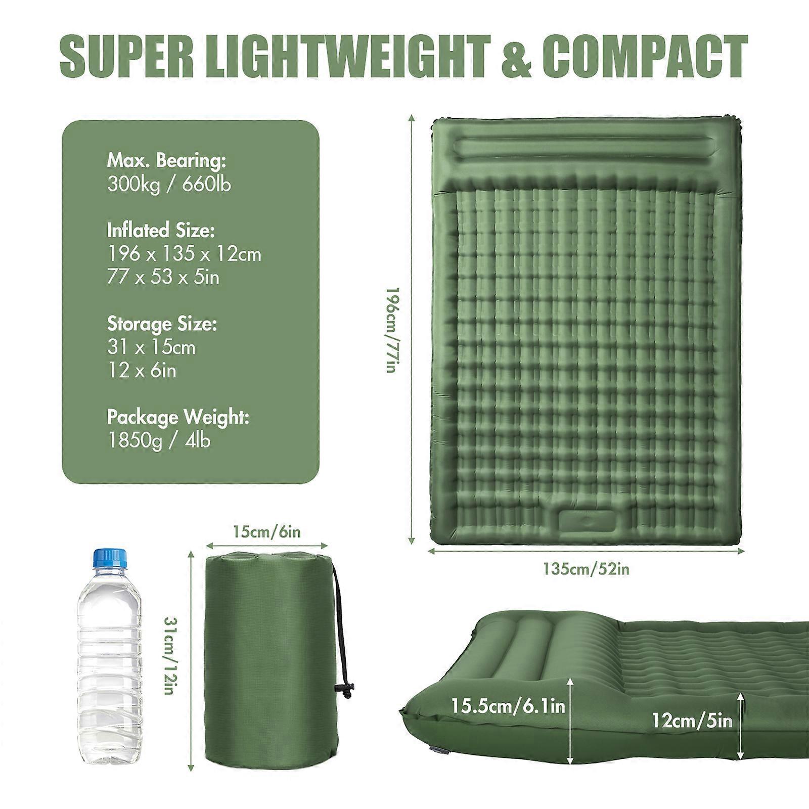 Inflatable Double Sleeping Pad 5 Inch Thick 77x53in Blue/Green
