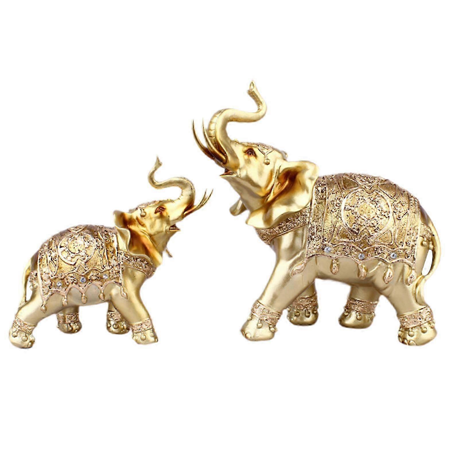 1 Pair of Trunk-Up Elephant Figurines for Bookshelf Decoration, Golden Finish Ideal for Home Decor