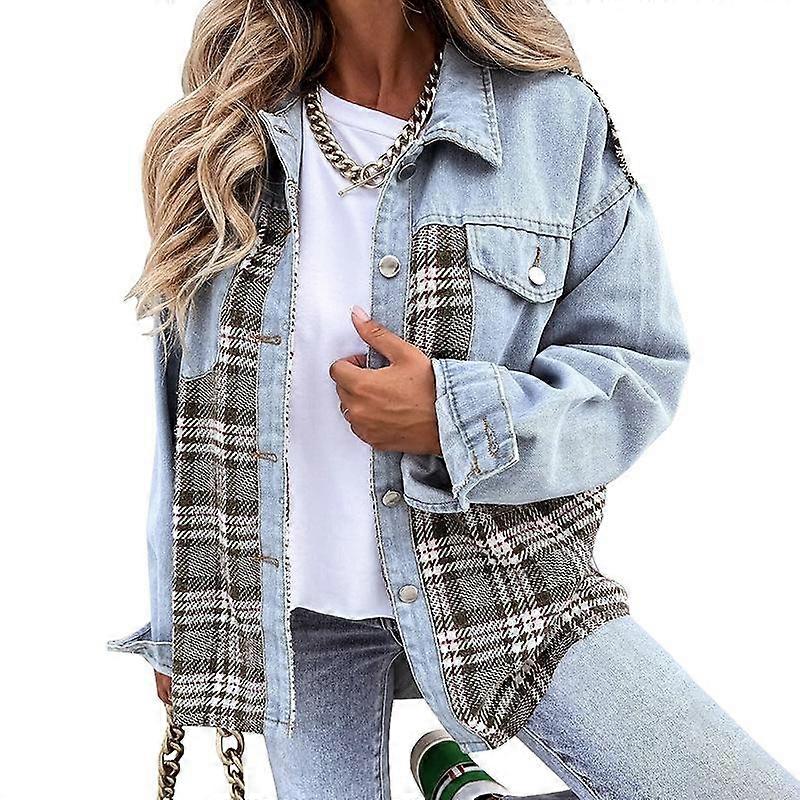Women's autumn and winter plaid contrast color loose single-breasted denim jacket women top cardigan long sleeve