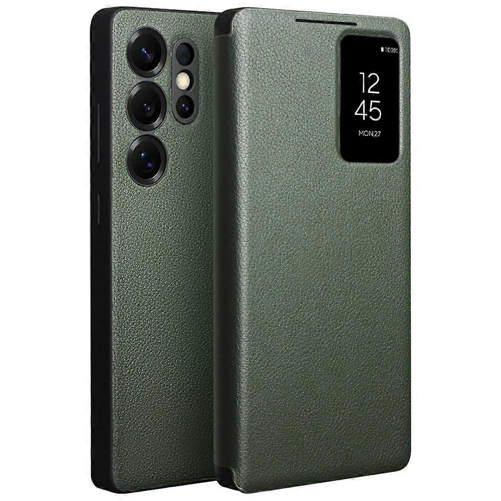 サムスンギャラクシーS25ウルトラケースビューウィンドウ本物の牛革折り畳み式電話カバーのためのQIALINO