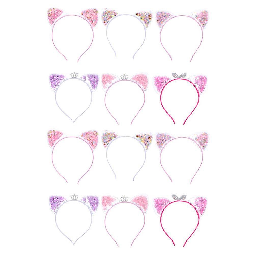 חישוקי שיער מפלסטיק מצוירים חמודים אוזני חתול סרט לילדות שימוש יומיומי מגוון צבעים 12 יחידות