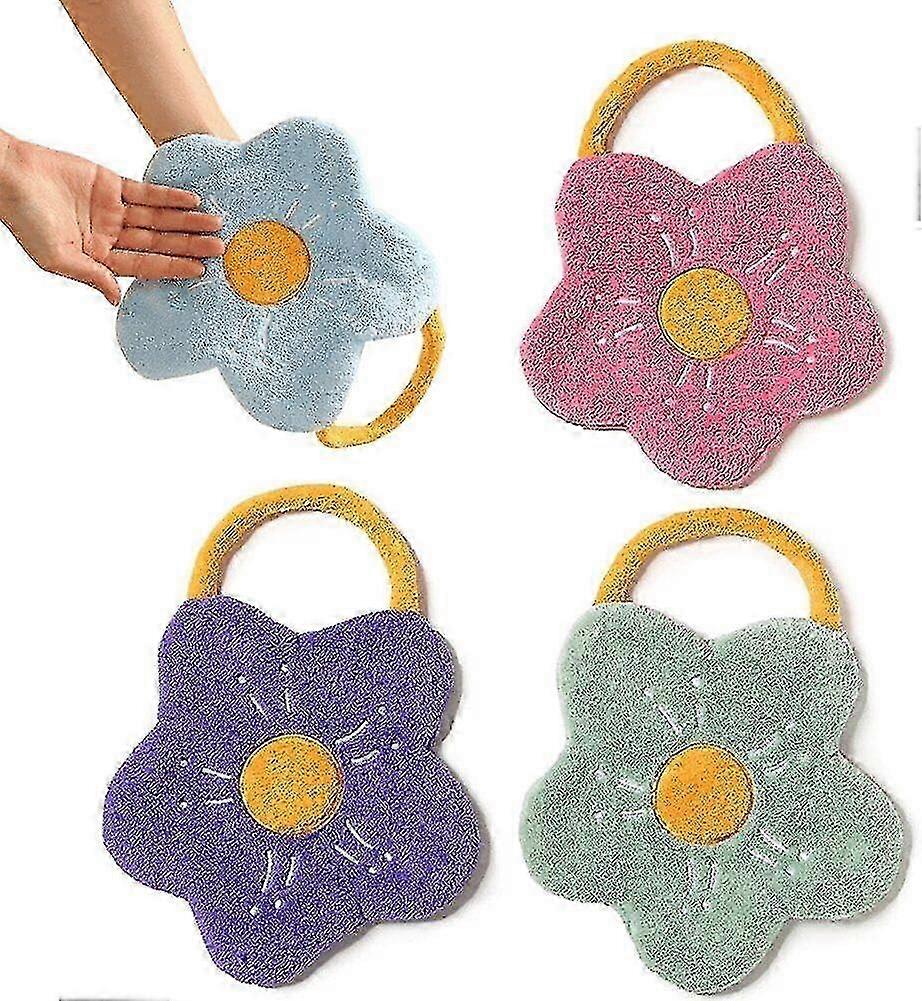 4pcs Cute Flower Shape Hand Towels with Hanging Loop for Quick Drying in Bathroom or Kitchen