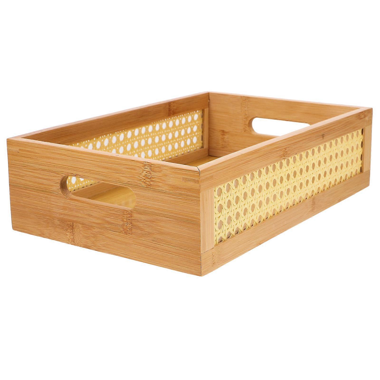 Desktop Woven Storage Basket Bamboo Material Rectangular Shape Khaki 33.00X22.00X9.00CM Organization 1Set