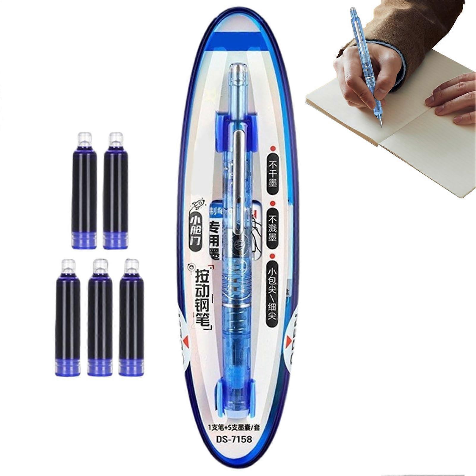 Rollerball Pen with Automatic Mechanism Leakproof Writing Instrument, 0.38 mm Refillable with 5 Refills for School Notes Diary Sketches Light Blue