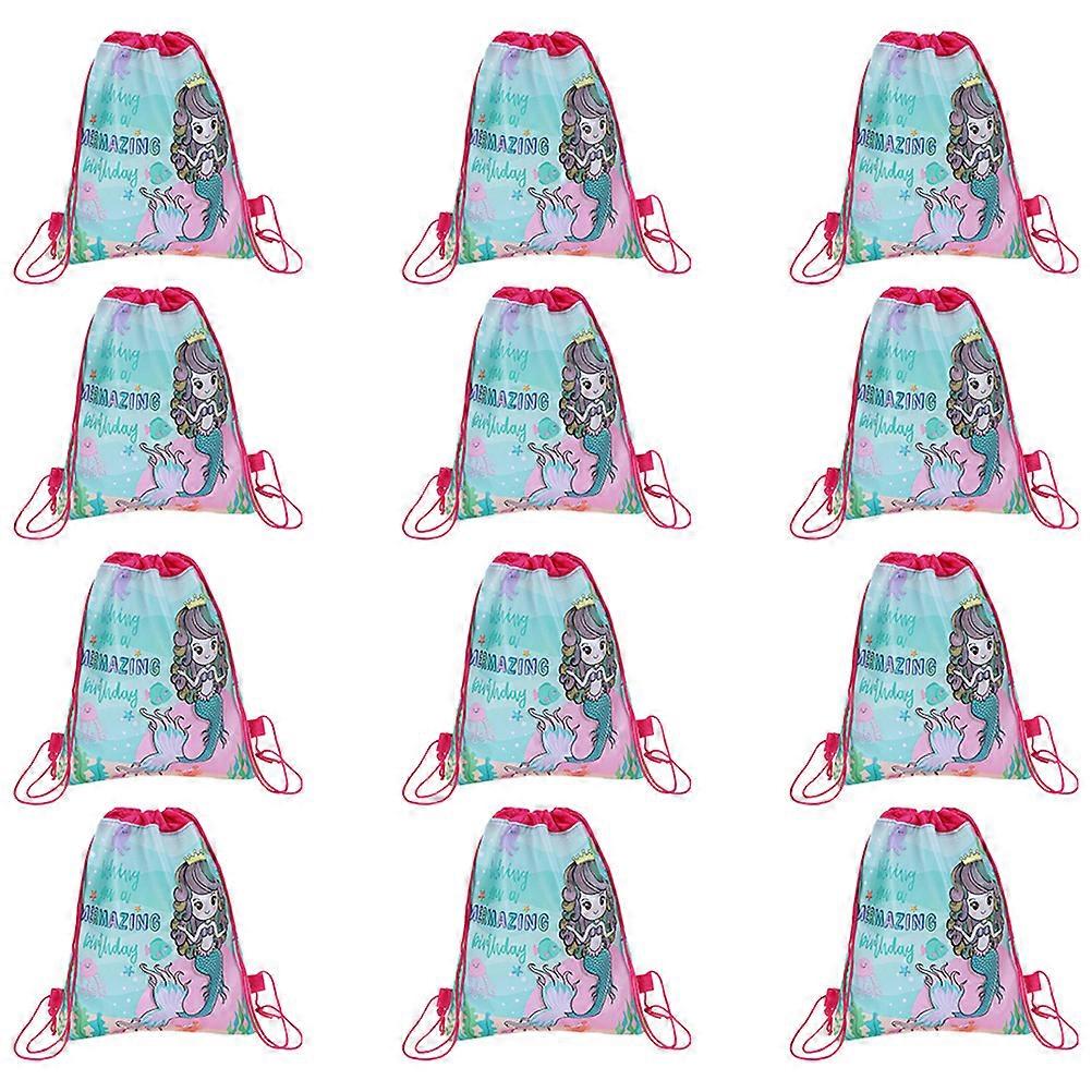 Cartoon Mermaid Pattern Drawstring Bag Durable Material For Children And Kids 12Pcs