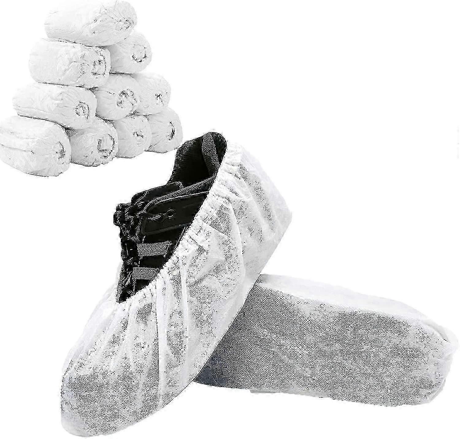 100 ks jednorázových návleků na boty, protiskluzové bílé návleky na boty pro vnitřní použití (50 párů)