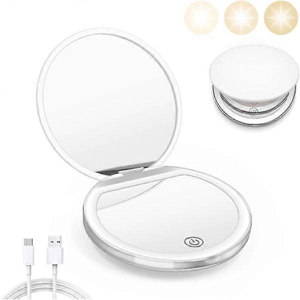 Compact mirror with light, 1X/3X magnification LED pocket mirror with USB data cable, white mini handbag mirror,