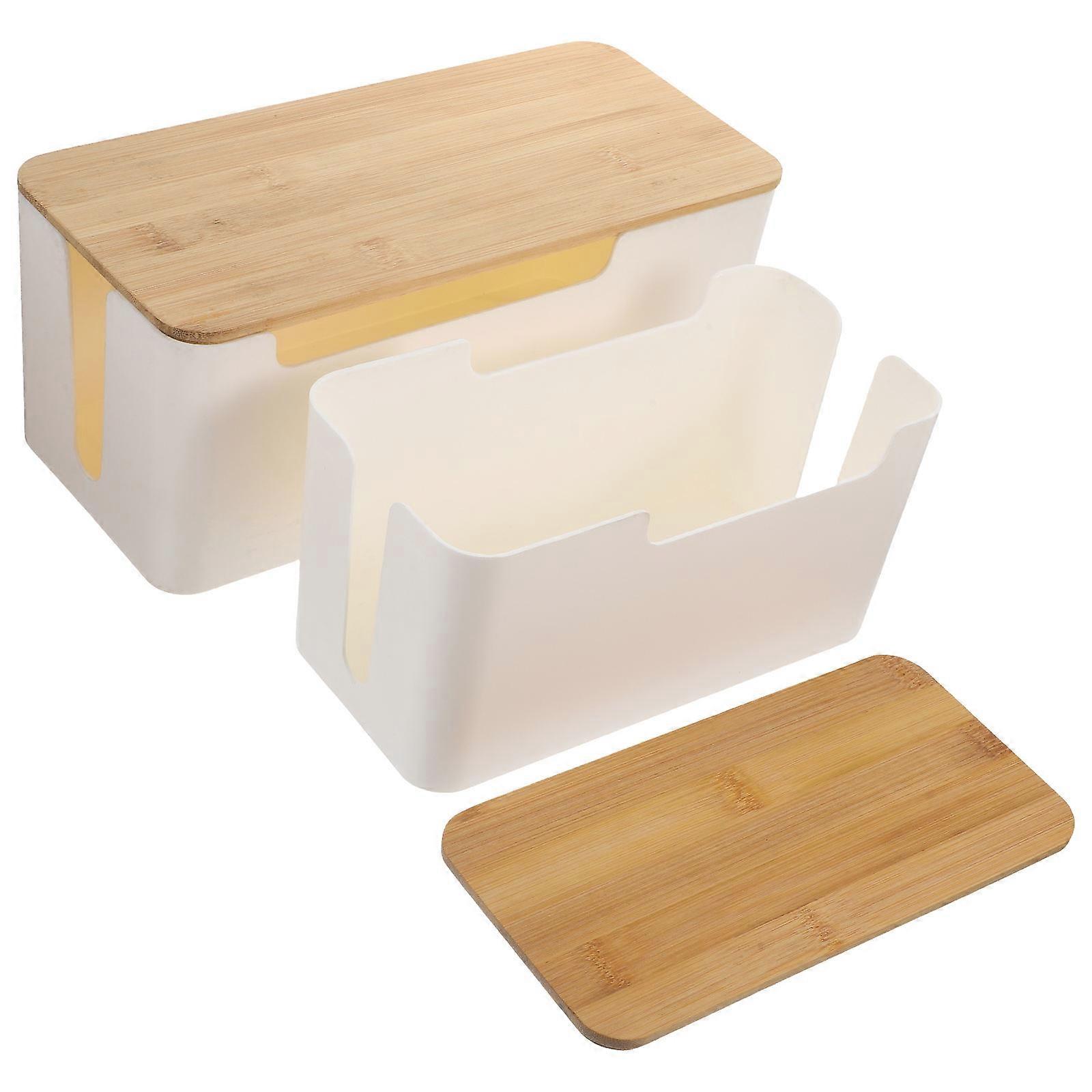 Bamboo Cable Management Box for Desk Use Durable White Cord Organizer with Detachable Design 2Pcs