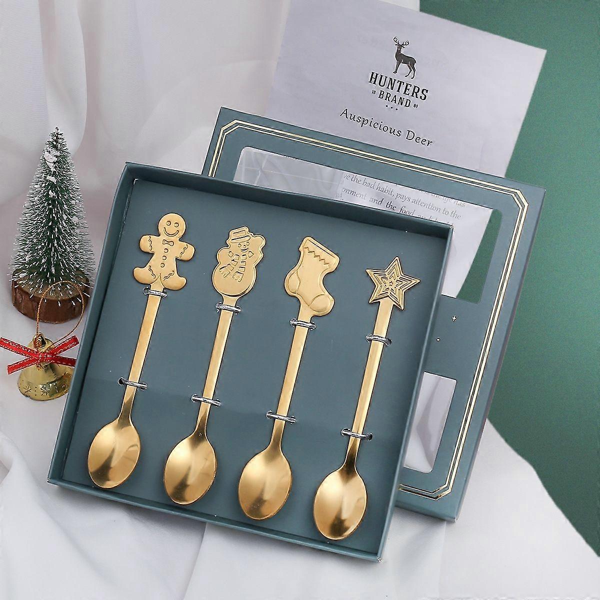 4pcs /Pack Christmas Gift Spoon Golden Green Box