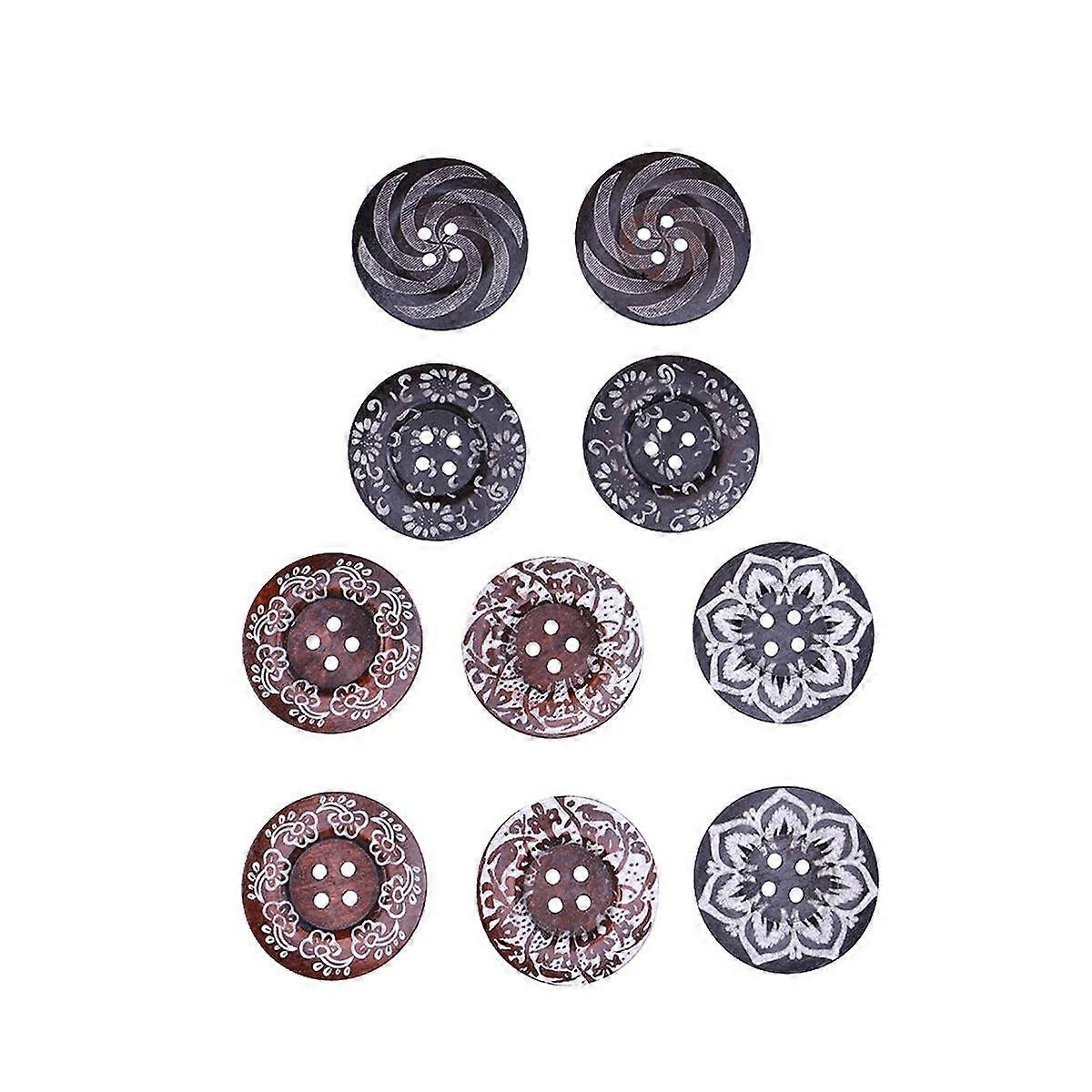 10Pcs 6CM Round Wooden Buttons Decorative for Scrapbooking and Sewing Art Retro Style with Engraved Patterns