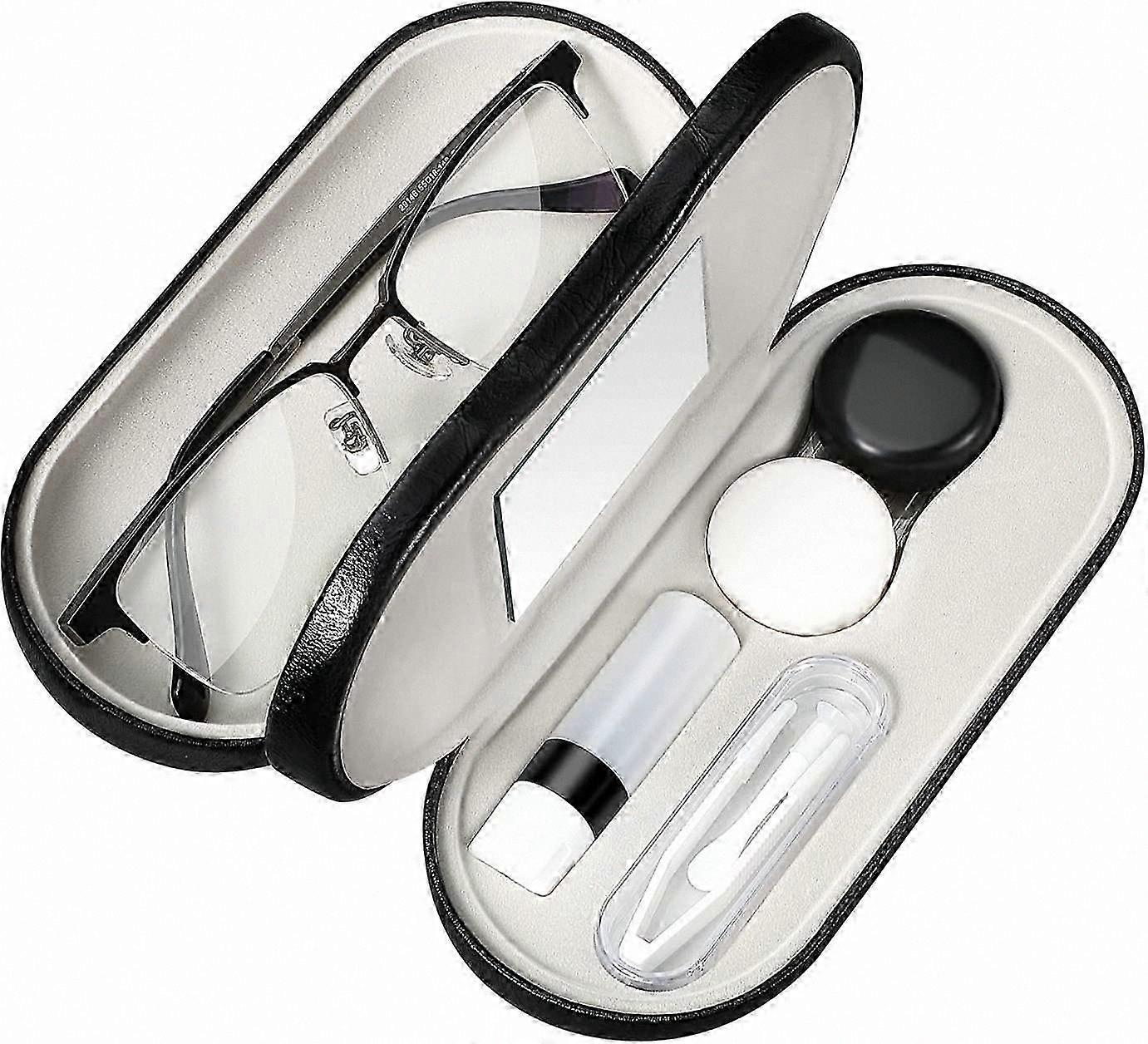 2-in-1 Eyeglasses and Contact Lens Storage Kit, Portable Case with Mirror, Tweezers, Remover, Double-Sided Lens Holder Container for Soaking and Organ