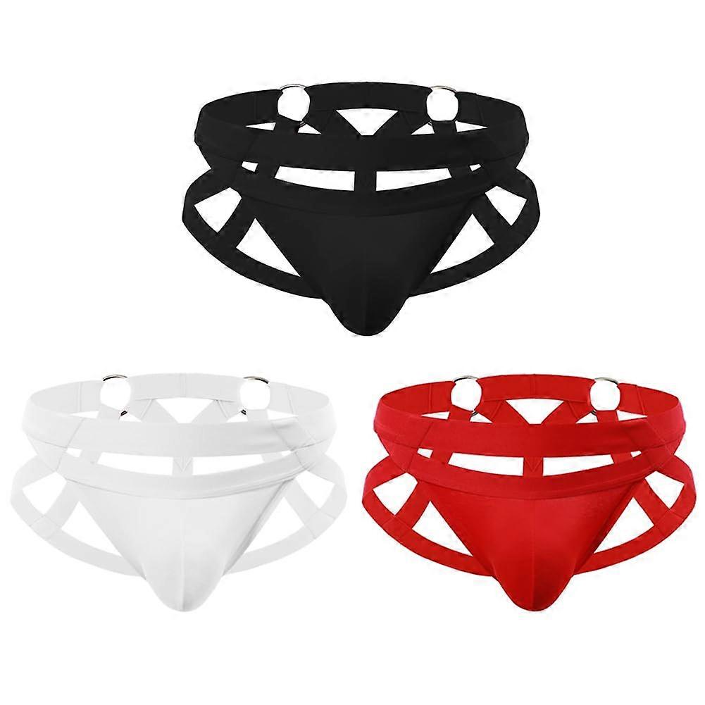 Jockstrap Men's Thong Strings With Rings Hollow Thong Underpants Size L Black White Red Pack Of 3