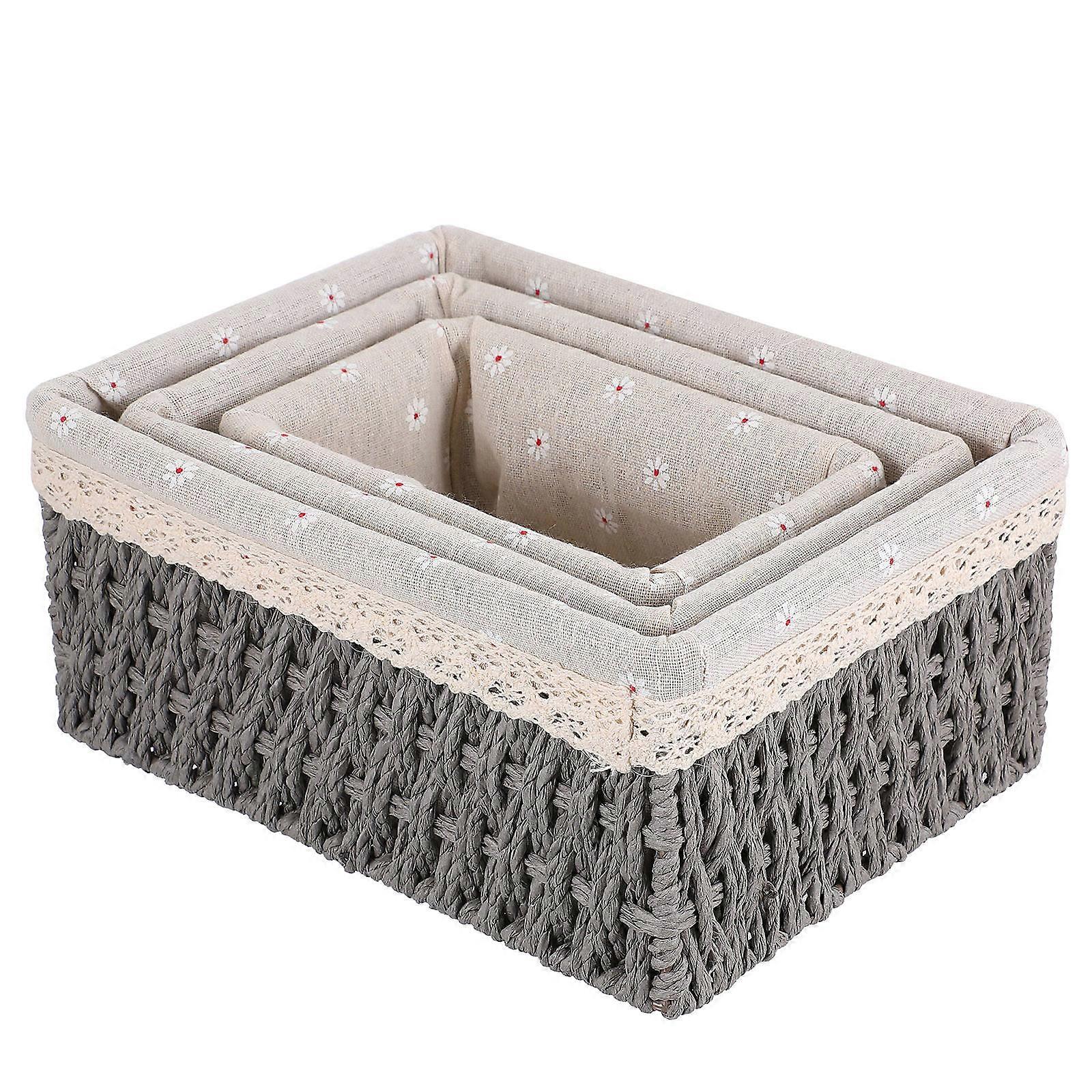 Storage Basket For Shelves 3Pcs Desktop Storage Organizer Square Grey Made Of Rattan And Fabric