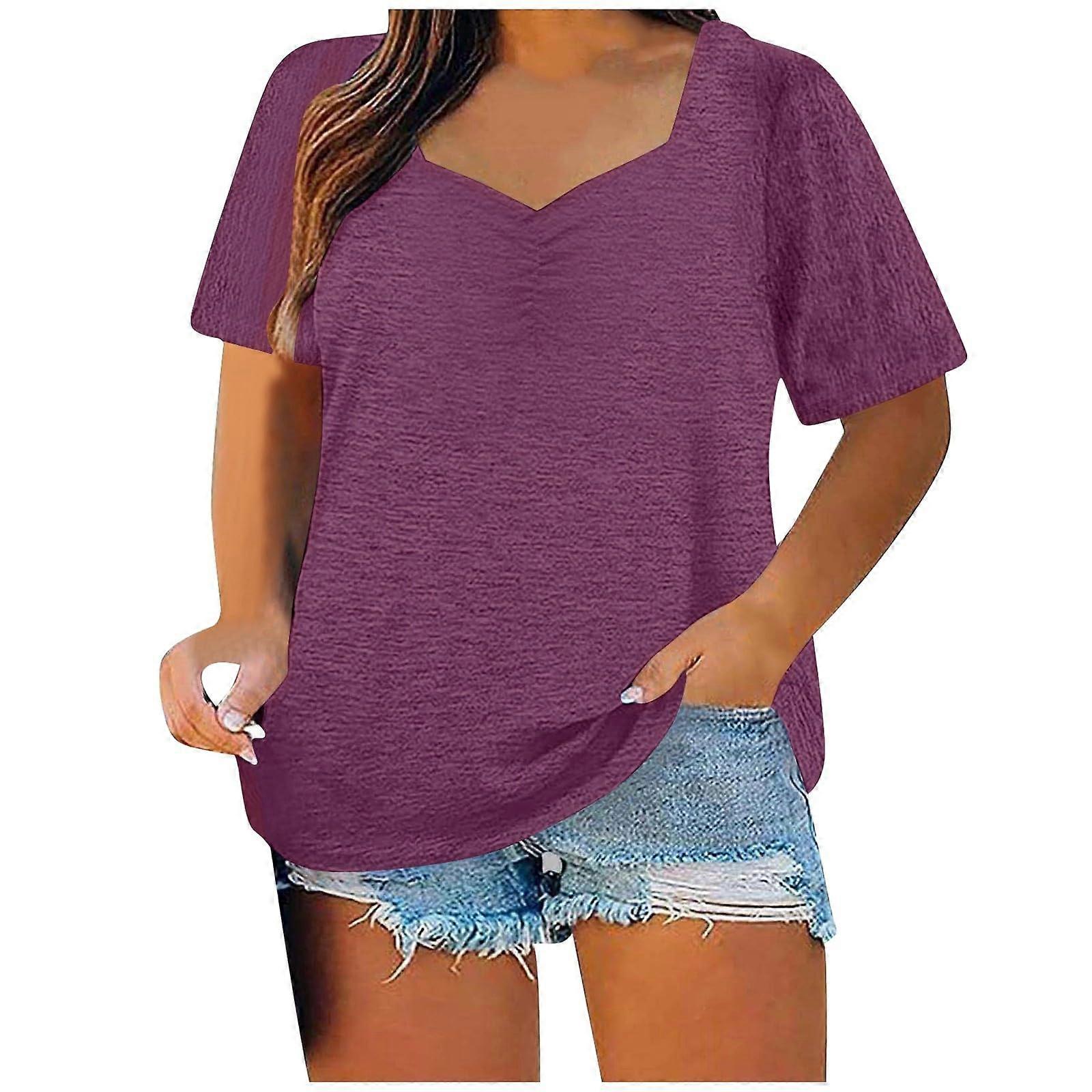 Damen Summer Casual Basic Solid Color Short Sleeve Tee Tops Plus Size TShirts Cotton Elegant Blouse O Neck XL