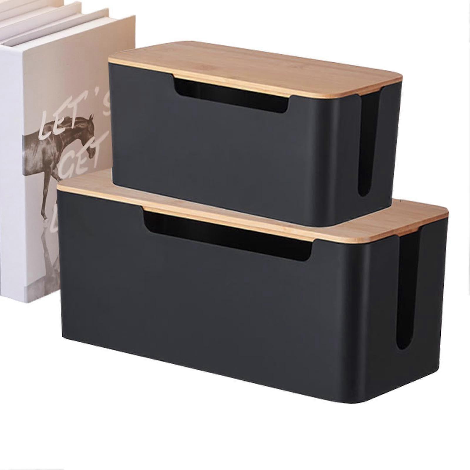 Cable Management Box Set, 2-Pack With Wood Lid, Cable Organizer, Keeps Cables Neat, Black