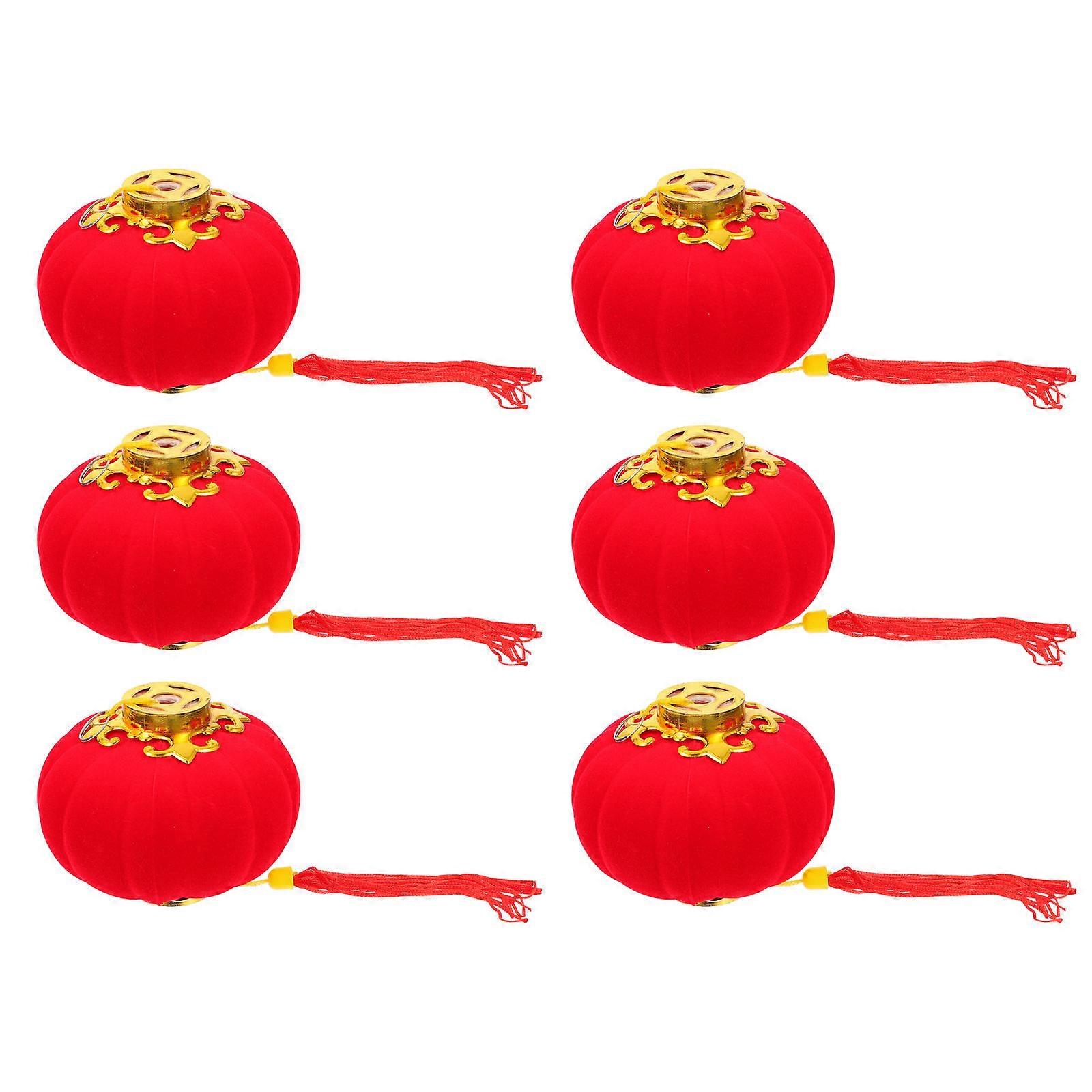 Small Lantern Hanging Decoration Round Textile Pendant Red Flocking Fabric for Spring Festival 6Pcs