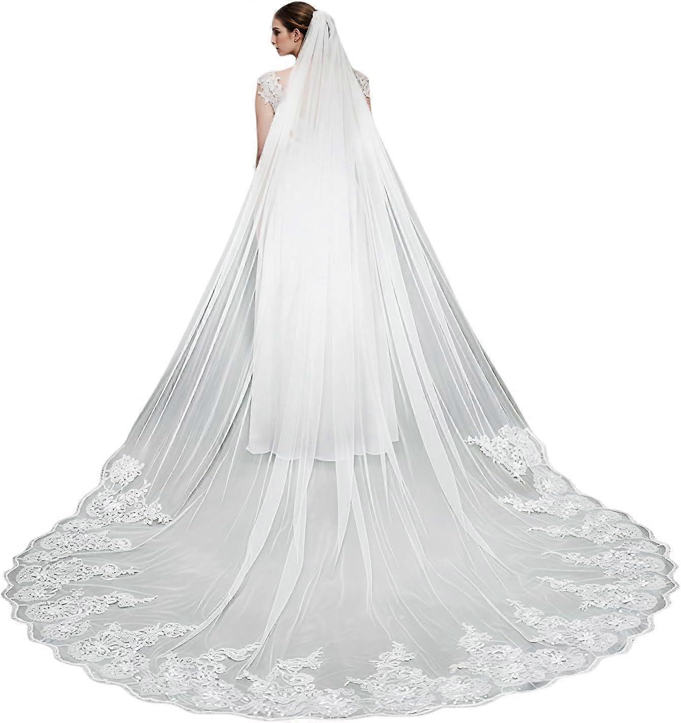 Wedding Veil 1 Tier Cathedral Length long Lace Sequins Bridal Veil with Metal