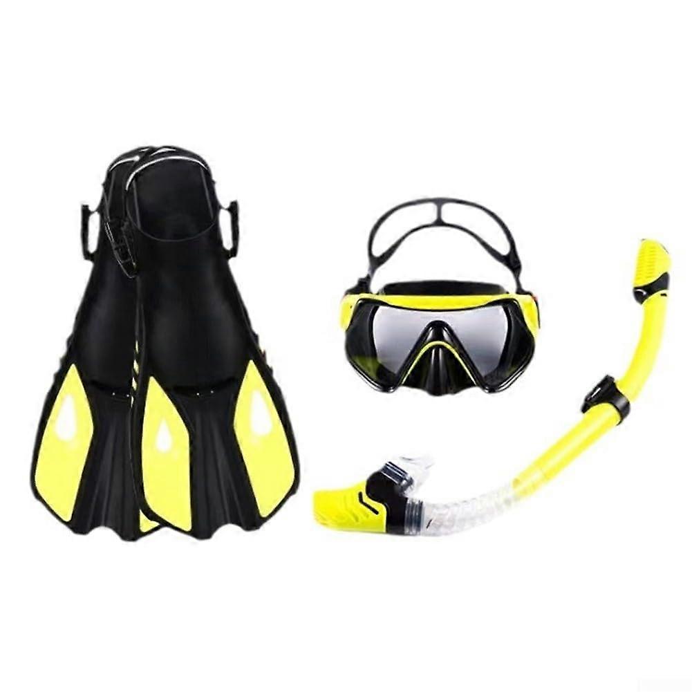 Snorkeling Gear Set Tempered Glass Dive Mask Dry Snorkel Adjustable OpenHeel Fins Black and Yellow Size L/XL