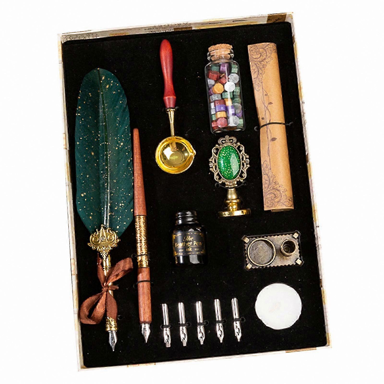 Calligraphy Feather Pen Set with 5 Nibs and Ink Bottle for Beginners Wine Red Quill Writing Kit