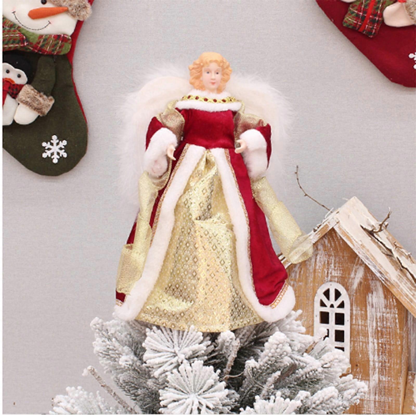 11.8" Lighted Christmas Angel Tree Topper, Gold Red Winged Fabric Dress Doll with Star, Compatible with Most Tree Sizes