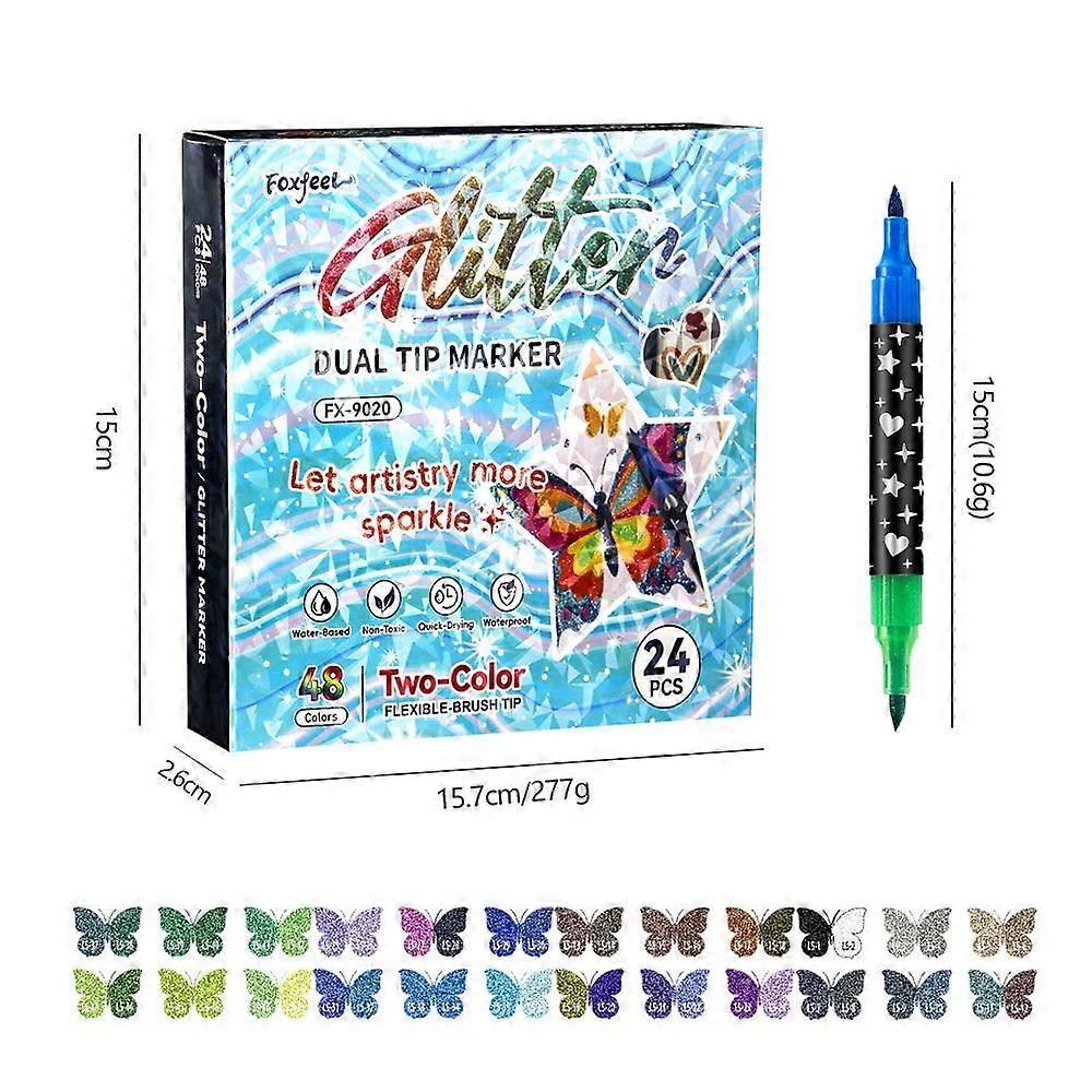 New Double-Ended Two-Color Marker with Pearl Glitter and Glitter, Soft Tip for Student and Children's Drawing, Fluorescent Marker