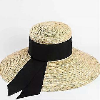 2025 Summer Seaside Big Brim Straw Hat Women's Vacation Beach Sun Hats Bow Ribbon Wide Brim Wheat Straw Flat Top Boater Hat