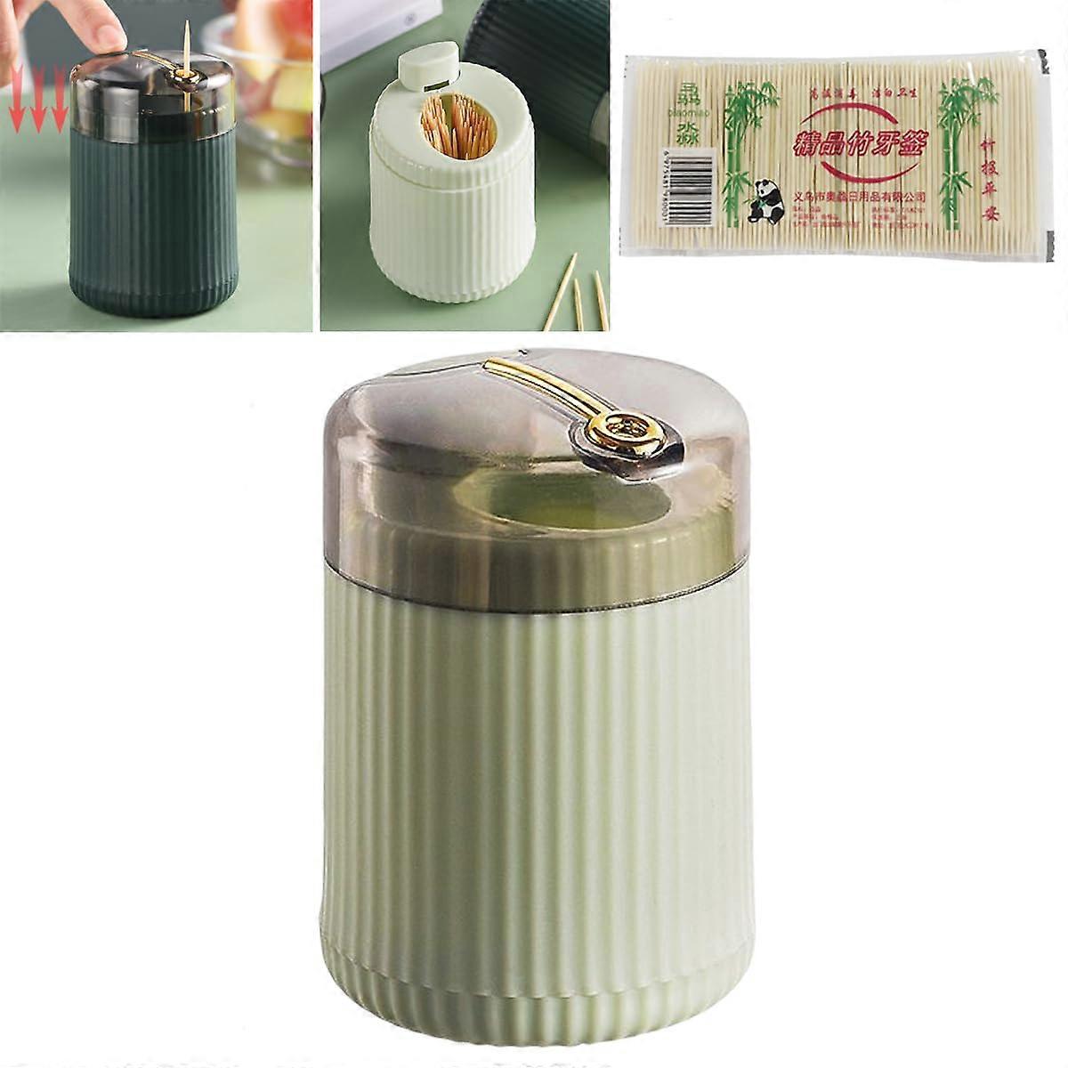 Automatic Toothpick Dispenser with Hygienic Single Dispensing and 200 Bamboo Toothpicks, Green