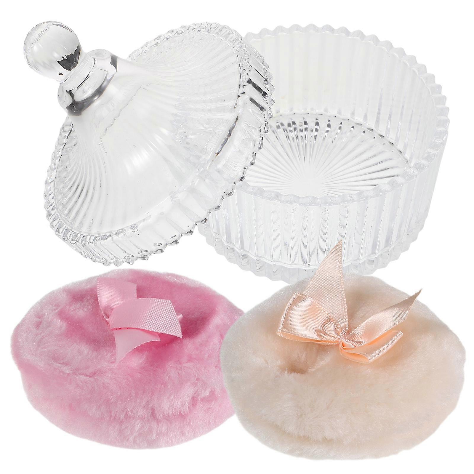 Body Powder Puff and Glass Container for Storage Use 2Sets with Handle