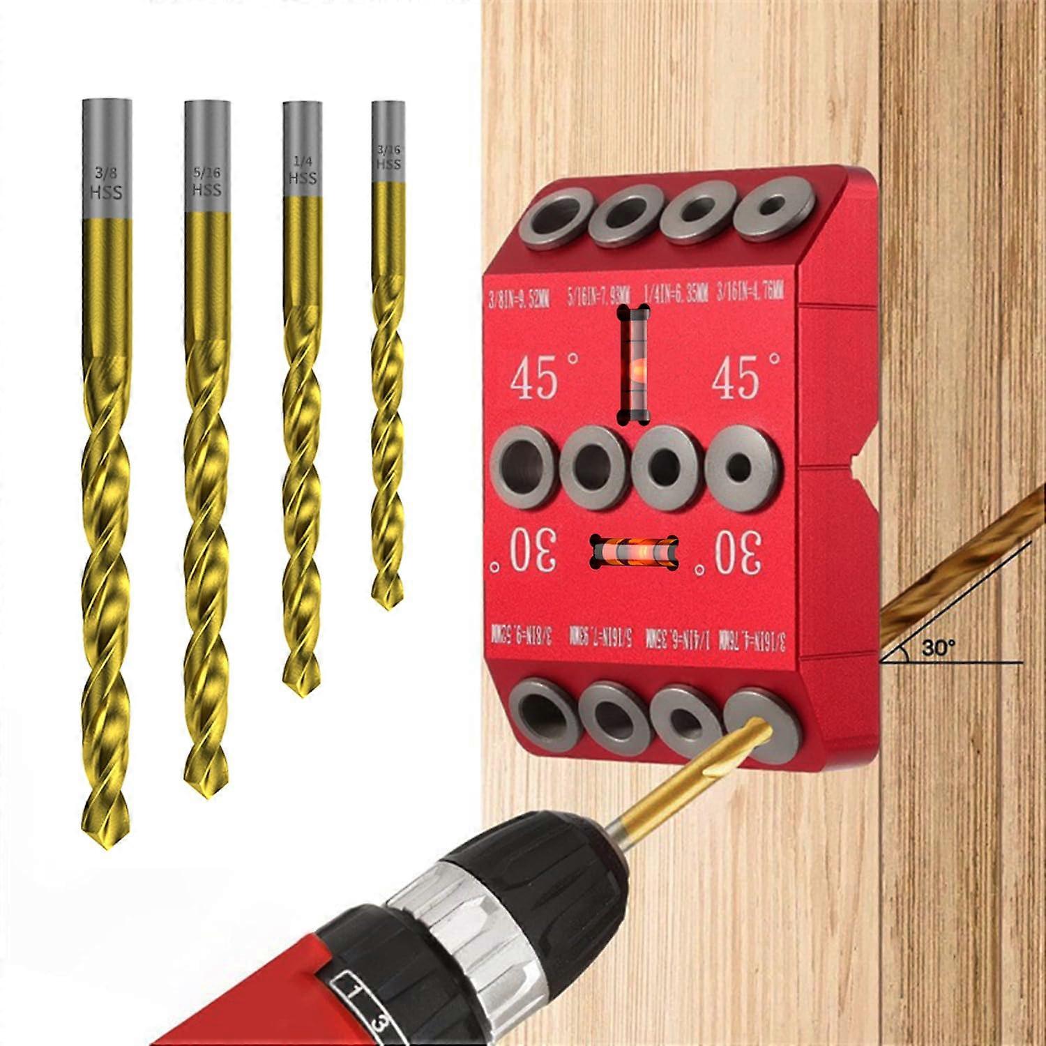 Angle Drill Guide Jig 30 45 90 Degree Adjustable for Woodworking with 4 Bits Red