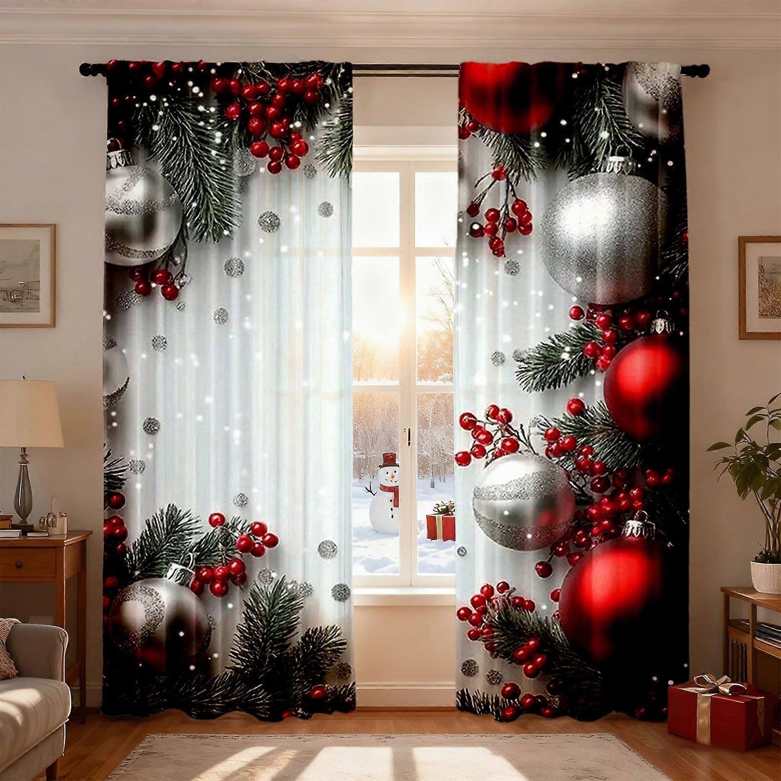 Red Christmas Curtains with Snowflakes and Pine Branches, SemiSheer Holiday Drapes 86.6x39.3