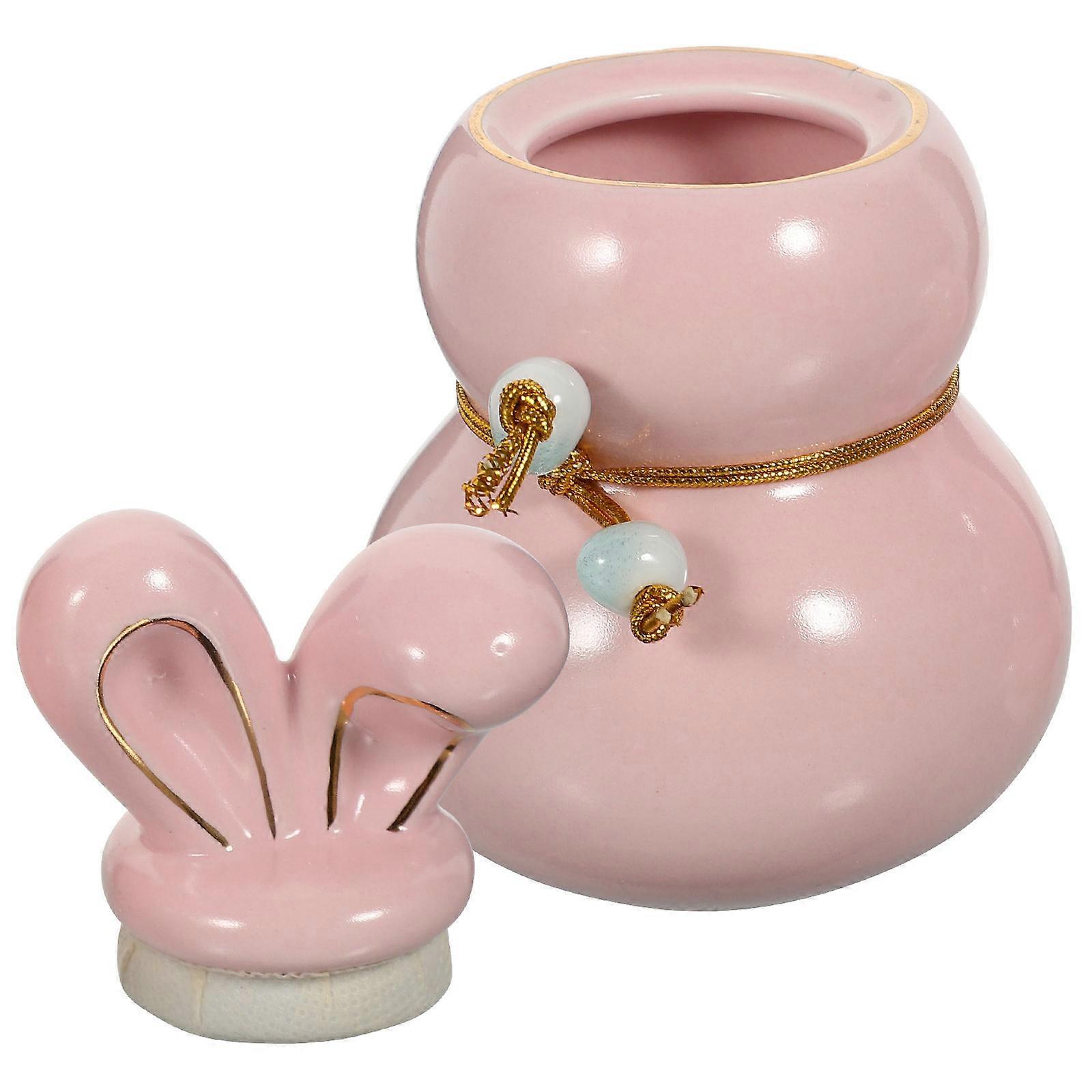 Pink Ceramic Tea Canister for Storage Use with Cute Bunny Design