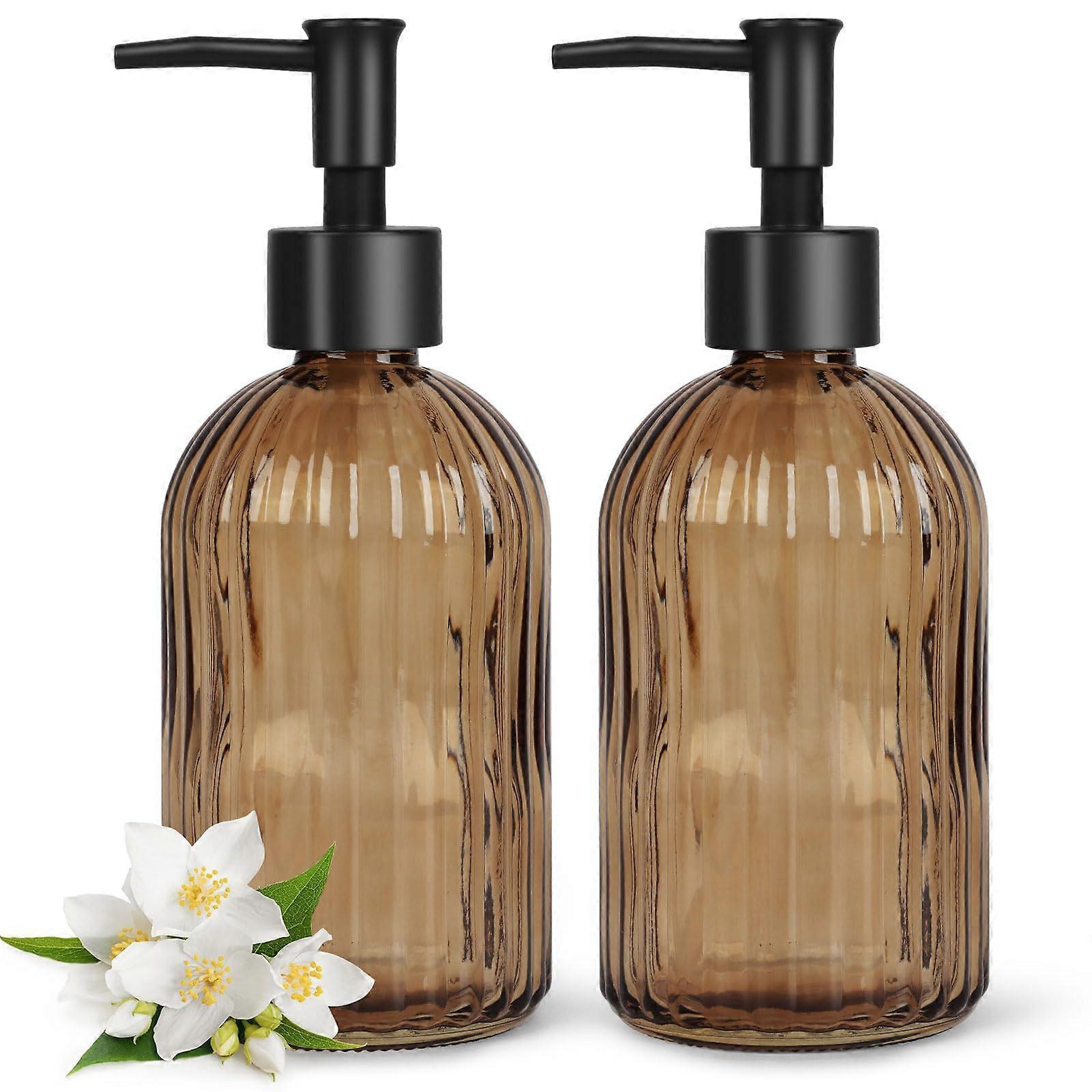 2 Pack Amber Glass Soap Dispenser with Rustproof Pump, 400ml Refillable for Kitchen and Bathroom