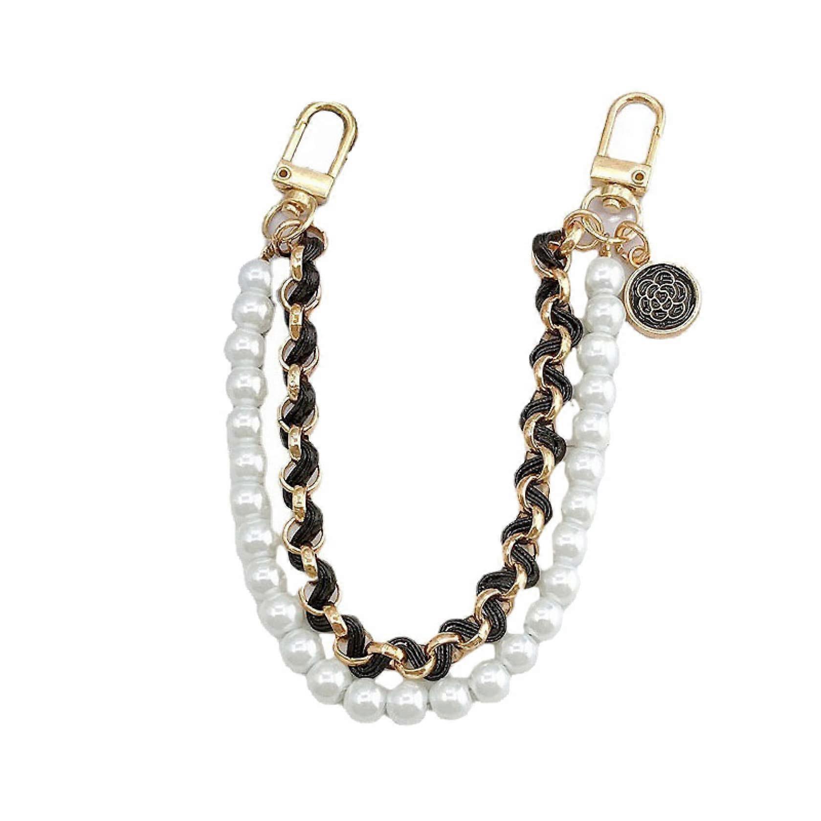 Vintage Pearl Handbag Chain Strap, Double Layer Purse Replacement Handle Black 10 Inch Durable