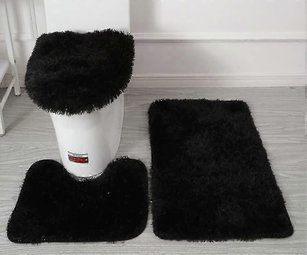 3-Piece Soft Microfiber Bathroom Rugs Set with PVC Backing - Solid Black