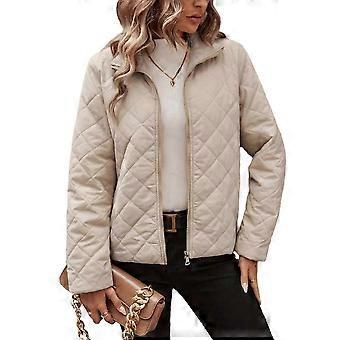 Womens Quilted Puffer Jacket Long Sleeve Diamond Stitching Winter Coat with Pockets Stand Collar Apricot XL