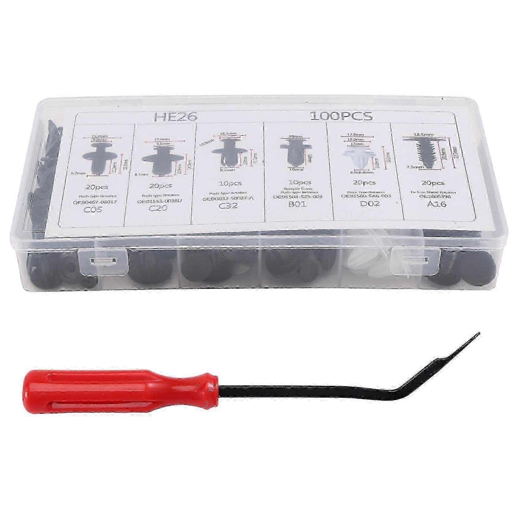 100Pc Plastic Rivets Fastener Bumper Push Clips W / Removal Tool compatible with