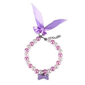Pearls Necklace for Pet Wearing with Bowknot Design Violet