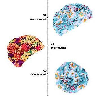 Swim Cap Pleated Swimming Hat for Women with Ear Cover 2Pcs Assorted Colors