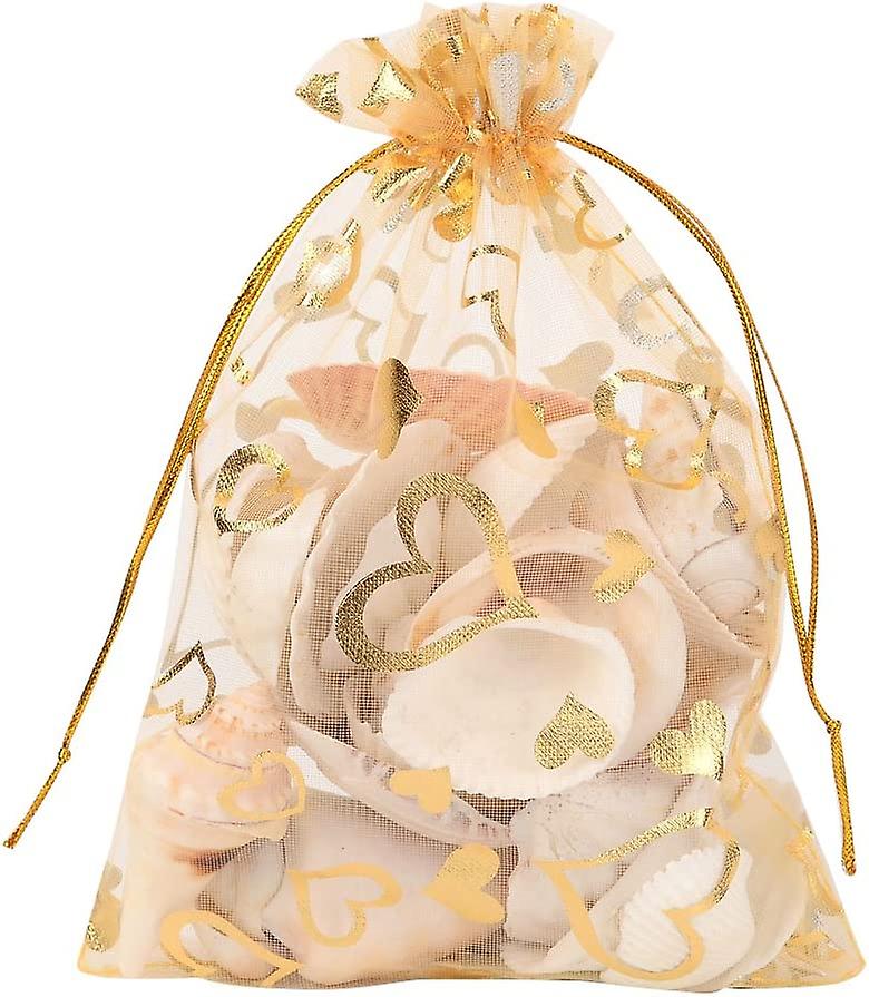100 PCS 2.7x3.5 Inches Heart Printed Goldenrod Organza Bags Wedding Favors Bag Jewelry Pouch Bags Organza Drawstring Pouches Candy Gift Bags