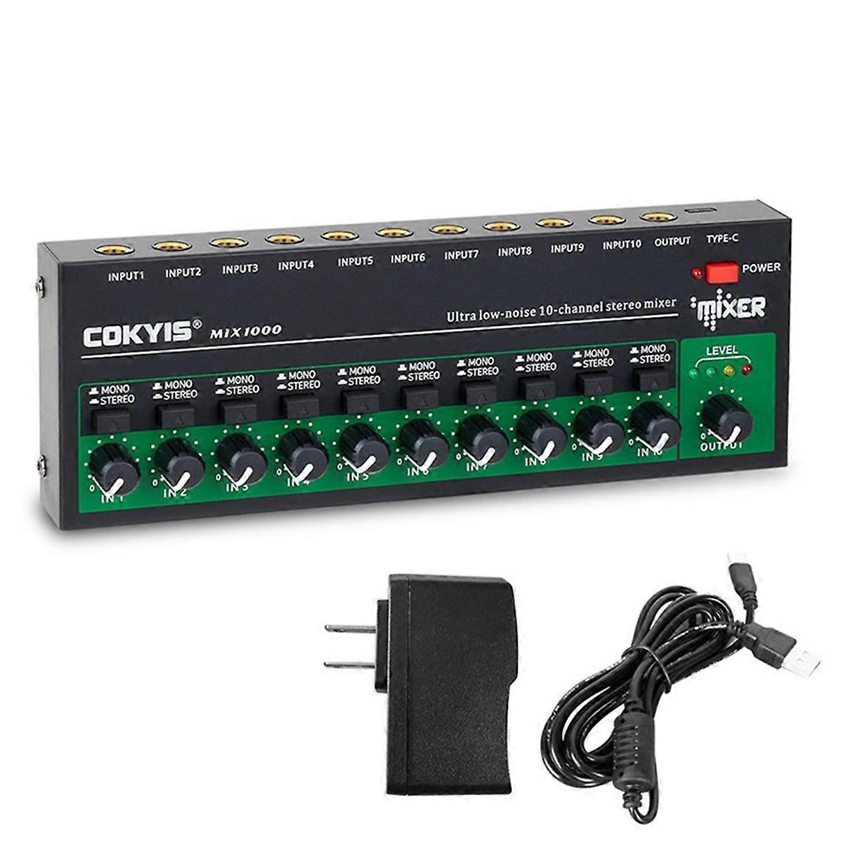 MIX1000 Ultra Low Noise 10 Channel Stereo Mixer Mini Sound Audios Mixer for Small Clubs Bars Guitars Bass Keyboards(US)