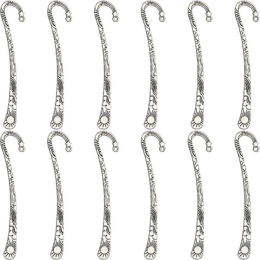 1 Box 12Pcs Antique Silver Bookmarks Metal Bookmark Tibetan Style Carved Hook Book Markers with Loop Retro Embossed Book Mark Vintage Bookmarks for Bo