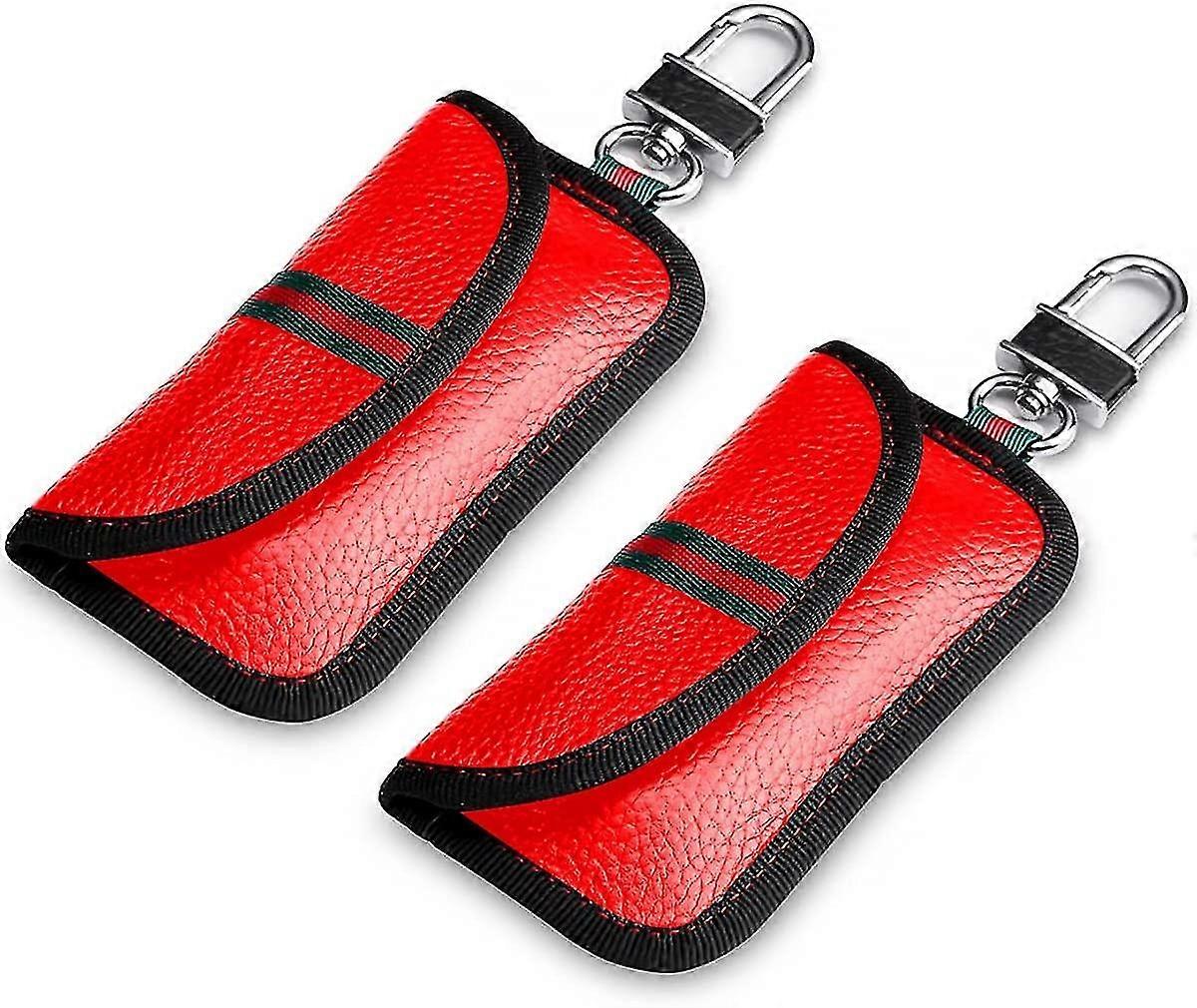 Keyless Go Protection Car Key, Genuine Leather 2 Pieces Rfid Remote Control Key Shielding Key Case Faraday Leather Key Case Key Case - Red+black