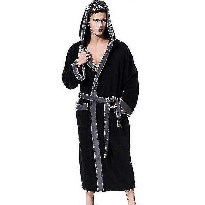 Men Fleece Hooded Bathrobe Dressing Gown Night Robe