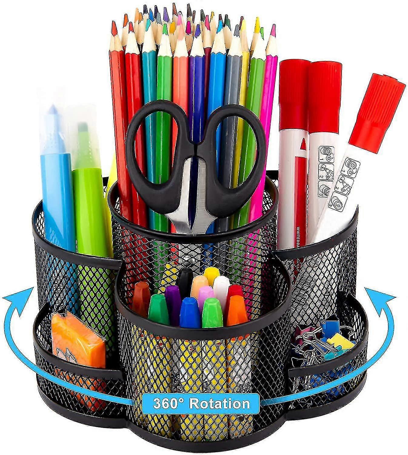 حامل قلم شبكي للمكتب ، حامل قلم رصاص منظم مكتب دوار بزاوية 360 درجة مع 7 مقصورات ، منظم ثابت معدني ، علبة كبيرة لتوريد سطح المكتب