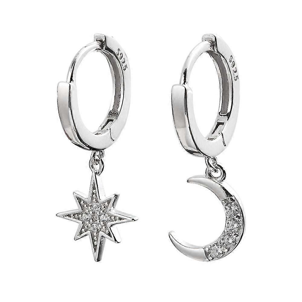 Women's Moon Star Pendant Small Ring Earrings (silver)