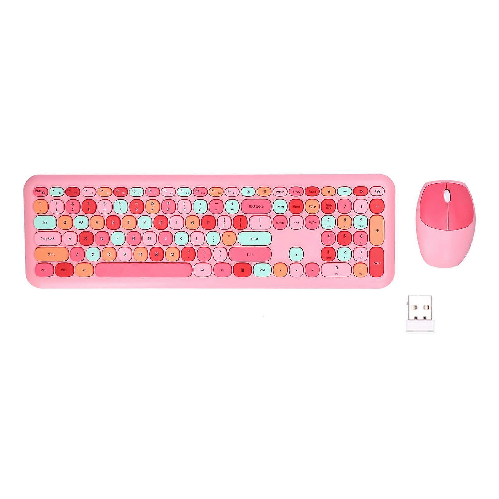 Ensemble clavier et souris sans fil 2,4 GHz rétro multicolore avec housse muette, rose