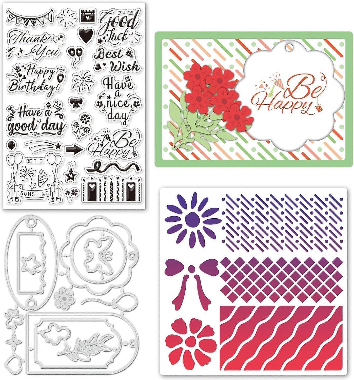 Birthday Blessings Label Silicone Clear Stamps Metal Birthday Background Cutting Die Cuts PET Paint Craft Stencils Template for Card Making and DIY Em