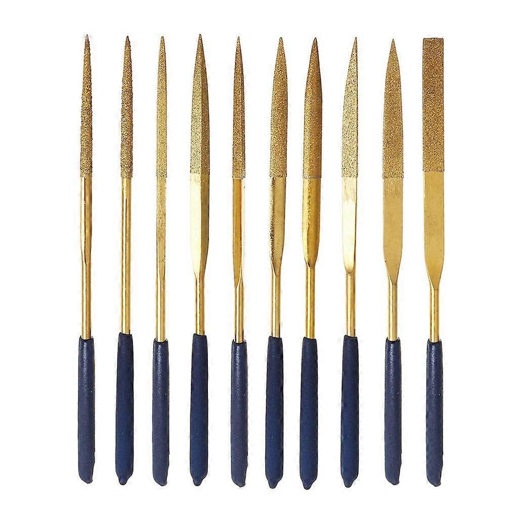 nice 10 Pieces Titanium Coated Mini Diamond File Set Flat Pin Square Round Triangle File for Metal Jewelry Glass Wood Carving Grinding and Polishing T